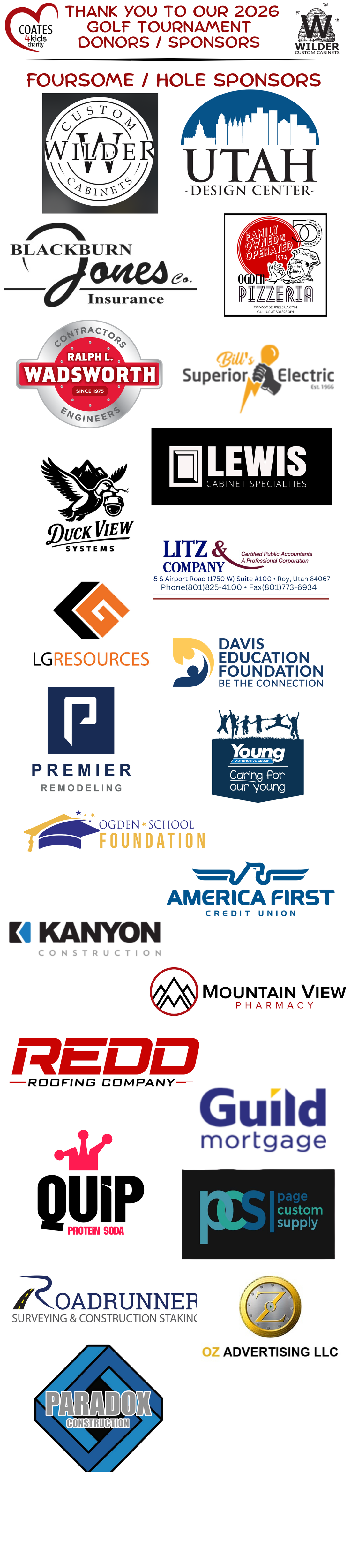 2026 Golf Tournament Sponsors/Donors