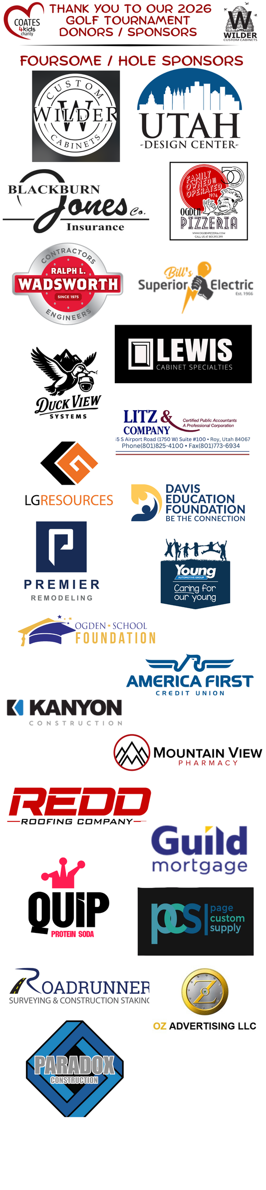2026 Golf Tournament Sponsors/Donors
