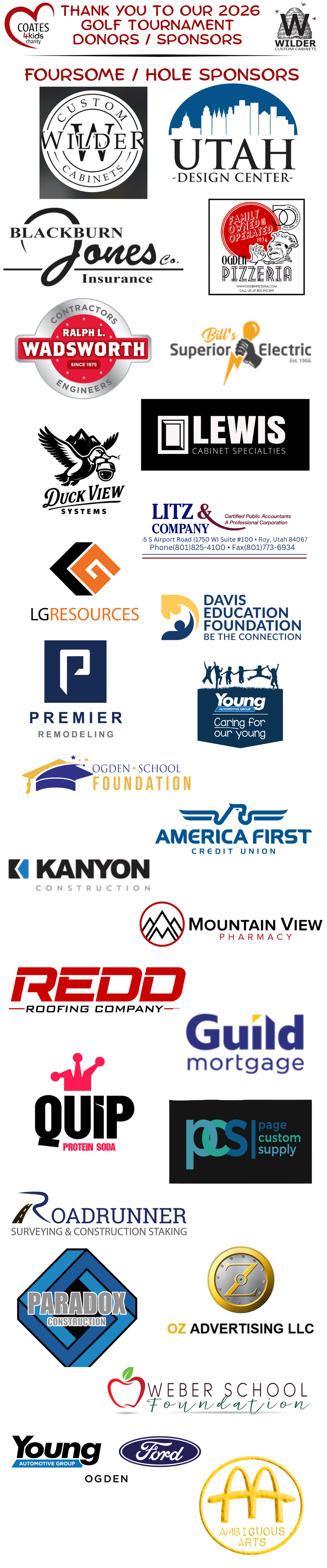2026 Golf Tournament Sponsors/Donors